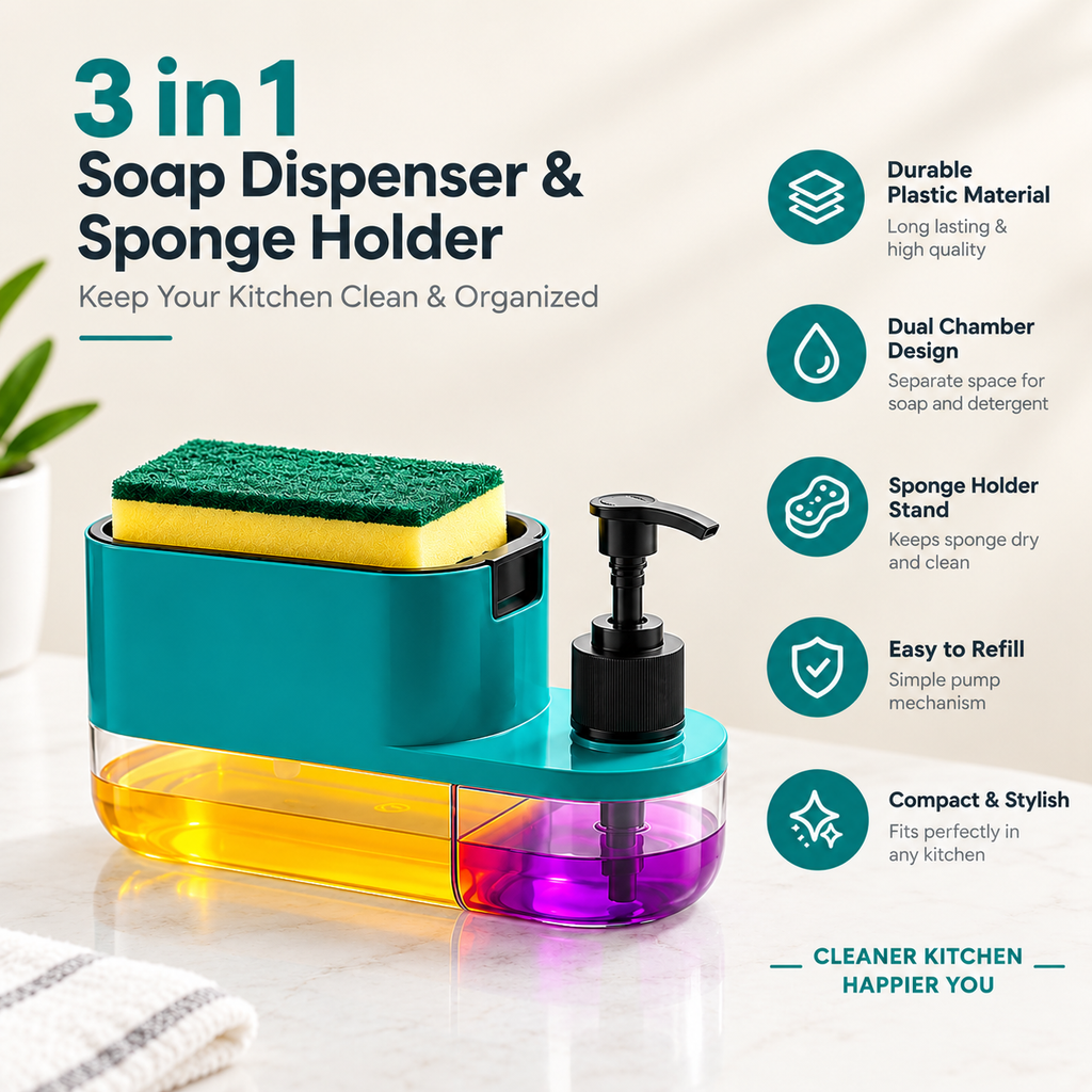 3-in-1 Dish Scrubber & Soap Dispenser
