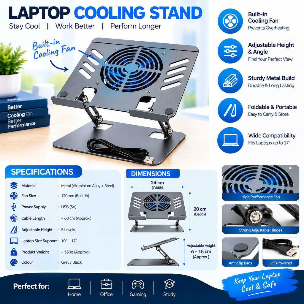 Adjustable Laptop Cooling Stand with USB Fan | Ergonomic Laptop Holder for Desk, Office & Home