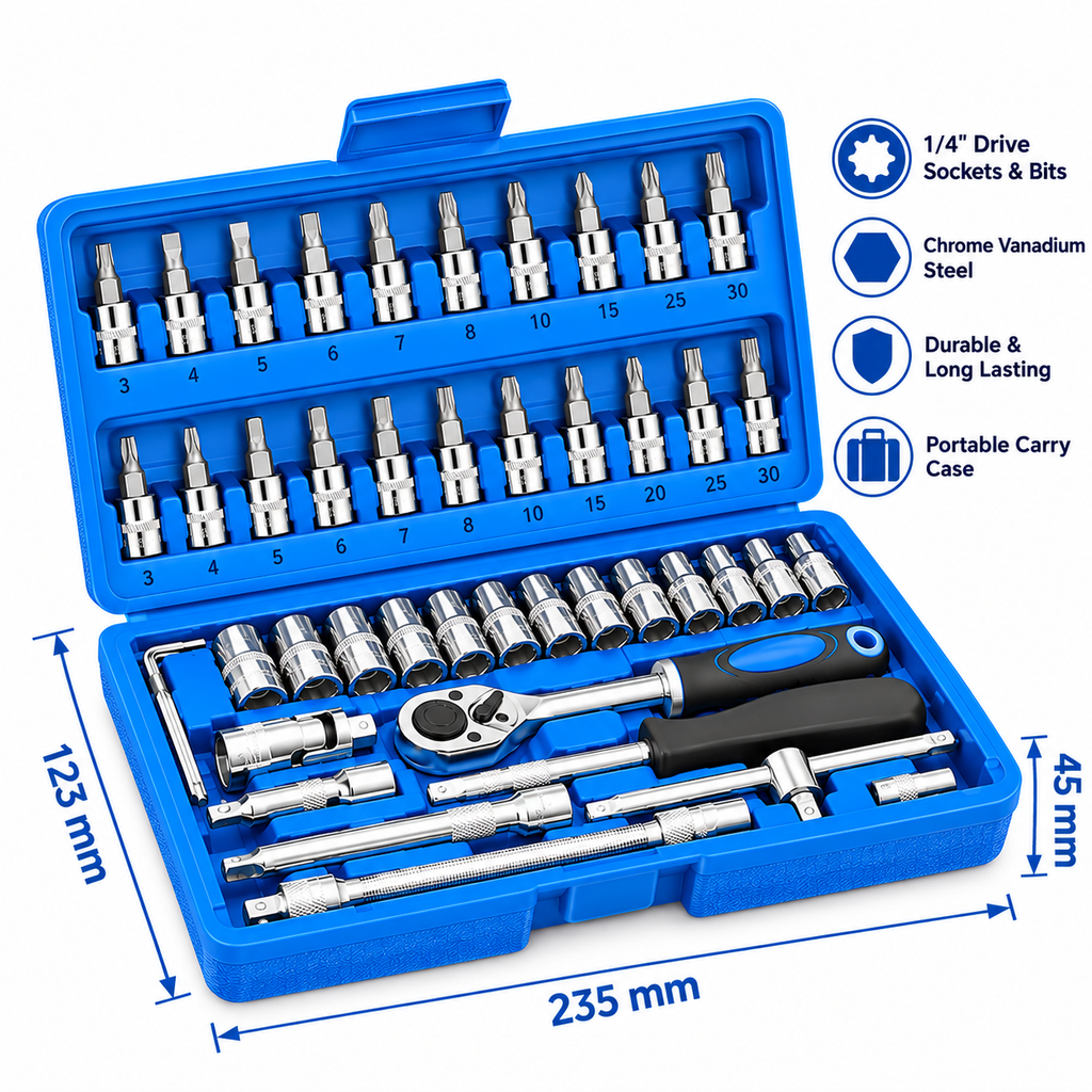 Professional 46-Piece Socket Wrench & Screwdriver Bit Set – Multi-Purpose Tool Kit with Ratchet Handle, Extension Bars & Blue Storage Case