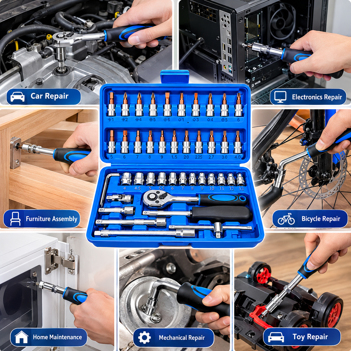 Professional 46-Piece Socket Wrench & Screwdriver Bit Set – Multi-Purpose Tool Kit with Ratchet Handle, Extension Bars & Blue Storage Case