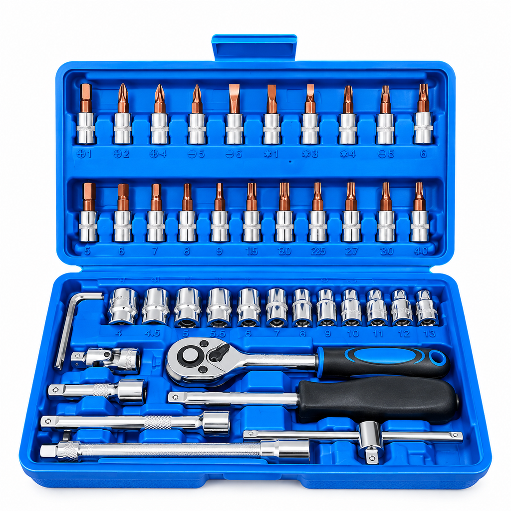 Professional 46-Piece Socket Wrench & Screwdriver Bit Set – Multi-Purpose Tool Kit with Ratchet Handle, Extension Bars & Blue Storage Case