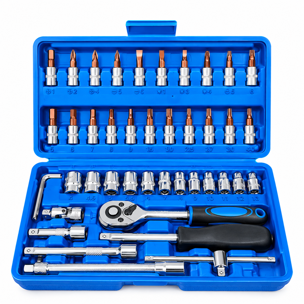 Professional 46-Piece Socket Wrench & Screwdriver Bit Set – Multi-Purpose Tool Kit with Ratchet Handle, Extension Bars & Blue Storage Case