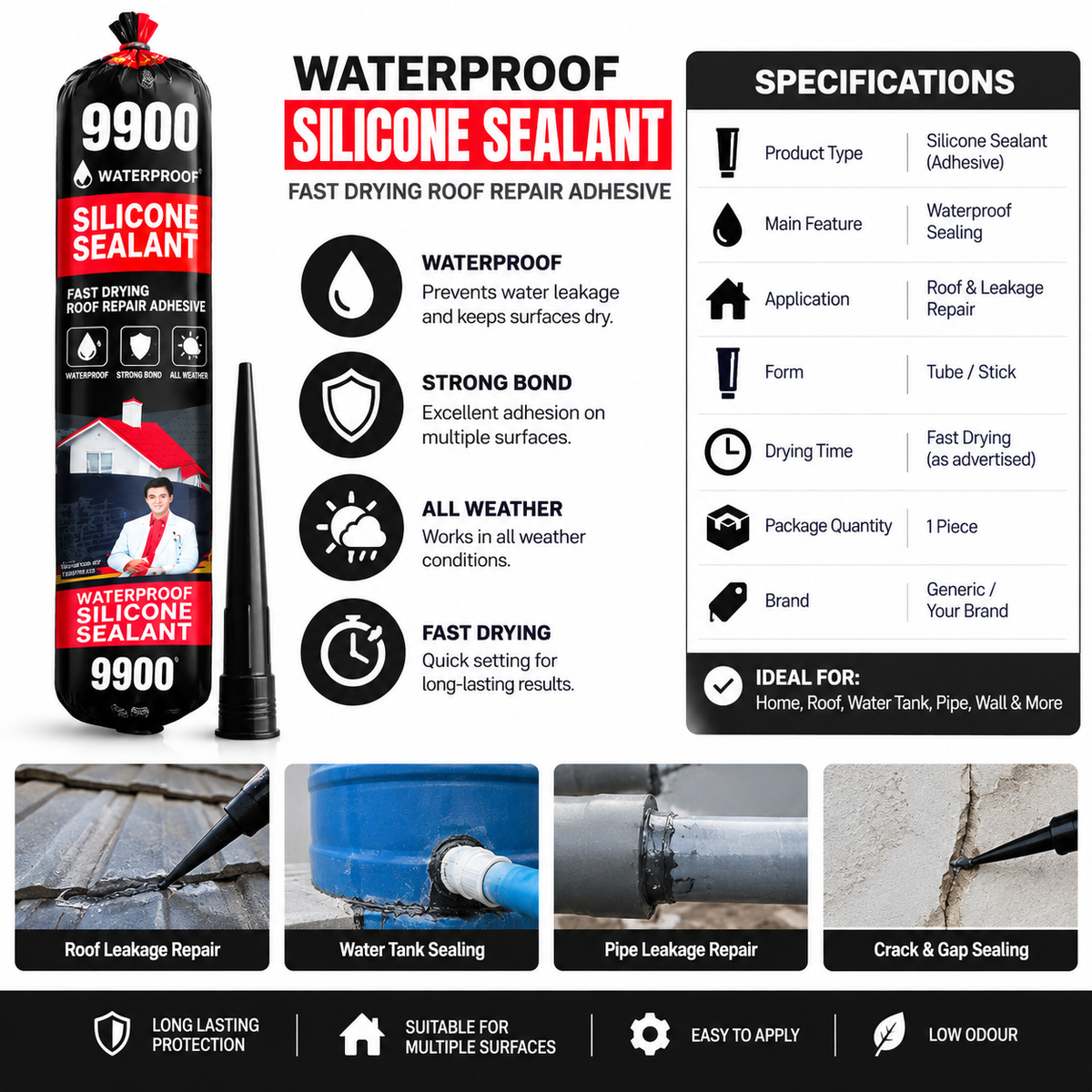 Waterproof Silicone Sealant – Multi-Purpose Leak & Crack Repair Adhesive