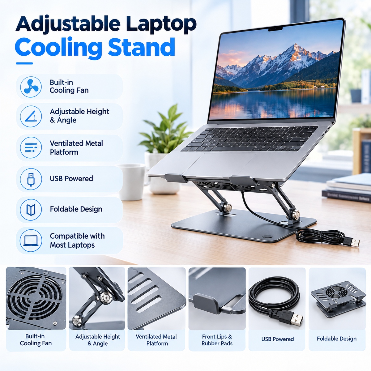 Adjustable Laptop Cooling Stand with USB Fan | Ergonomic Laptop Holder for Desk, Office & Home