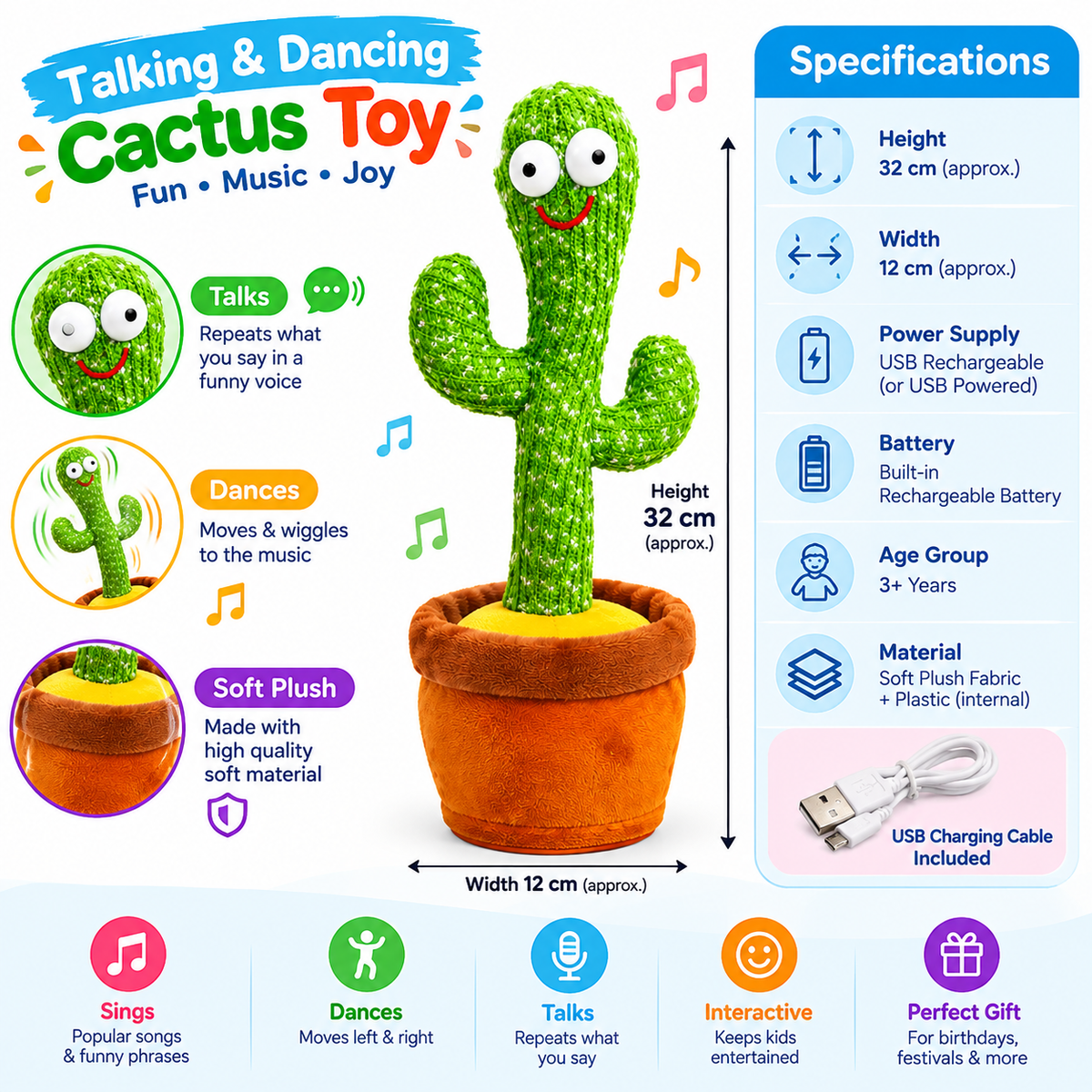 Dancing Cactus Plush Toy – Singing, Talking & Dancing Interactive Cactus Toy with USB Cable for Kids