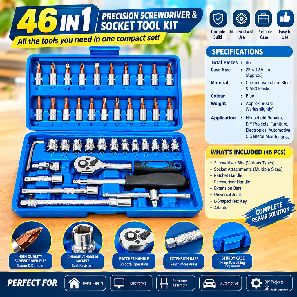 Professional 46-Piece Socket Wrench & Screwdriver Bit Set – Multi-Purpose Tool Kit with Ratchet Handle, Extension Bars & Blue Storage Case
