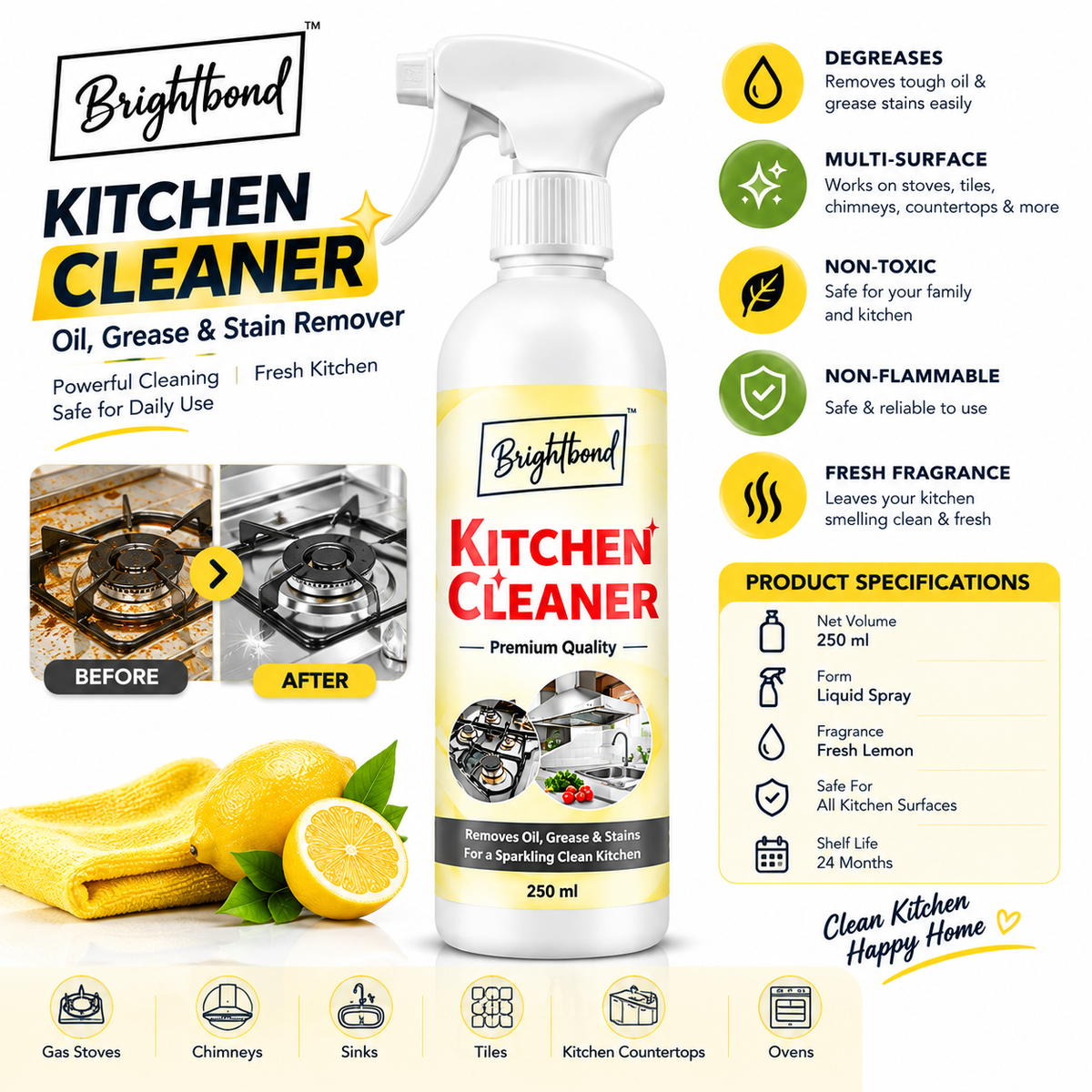 Kitchen Cleaner Spray – Powerful Grease, Oil & Stain Remover for Gas Stoves, Sinks, Tiles & Countertops